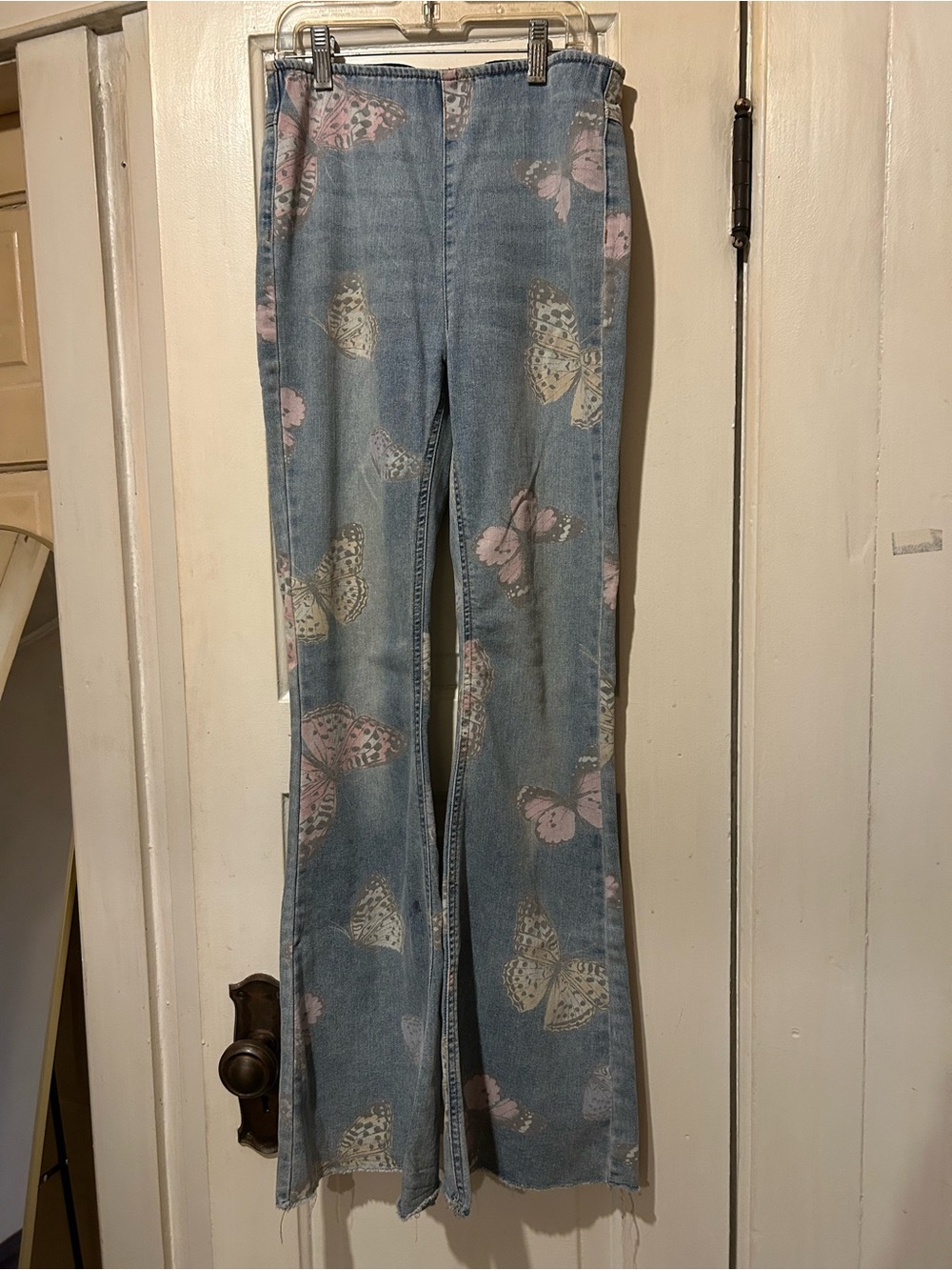 High waisted Light Blue Denim Flare Jeans with Pastel Butterfly Print